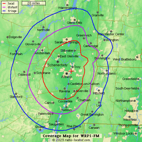 WRPI Coverage Map. Our range
        is a roughly-75-mile radius out from North Greenbush, NY.